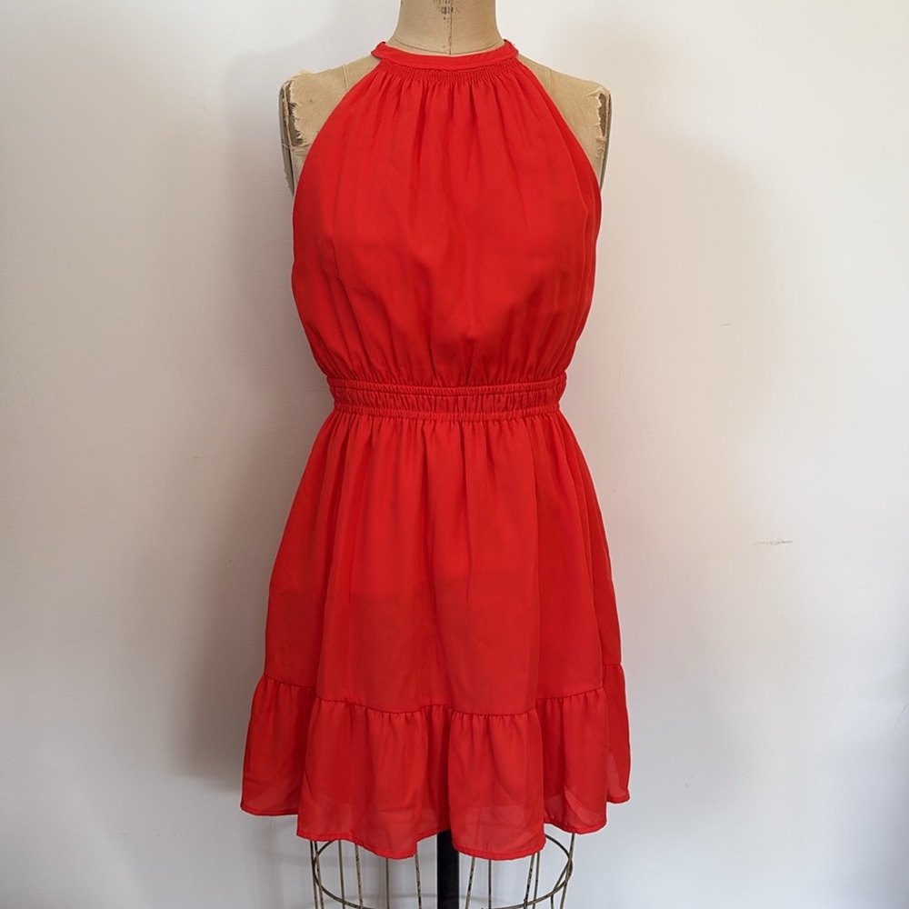 Shinestar Dress Vibrant Red Halter Mini Ruffle Hem M